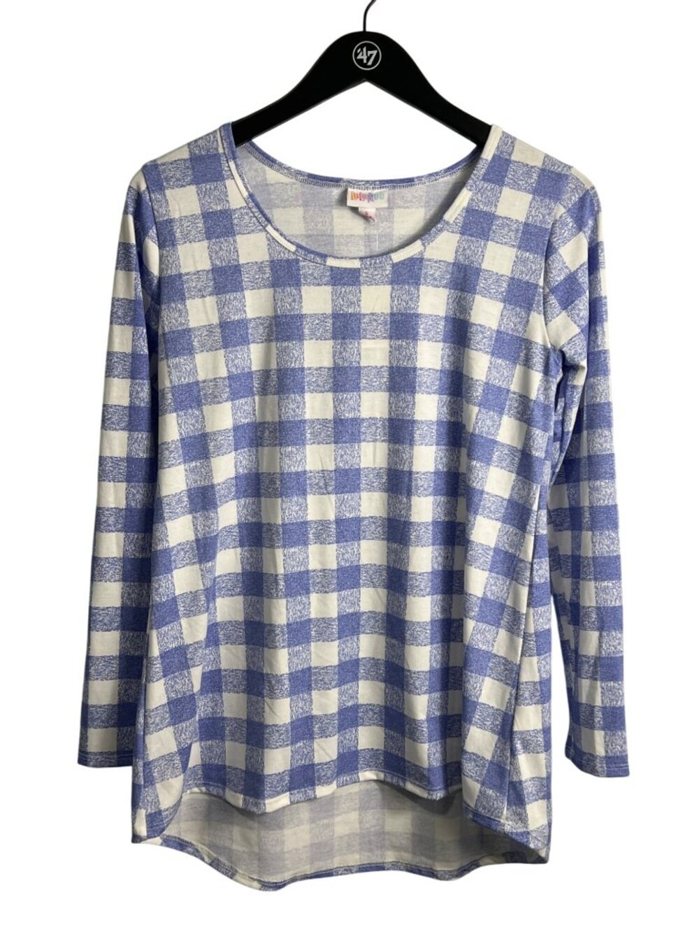 Lularoe Top Small Checkered Long Sleeve Hi Low Blue White Lounge Relaxed NEW